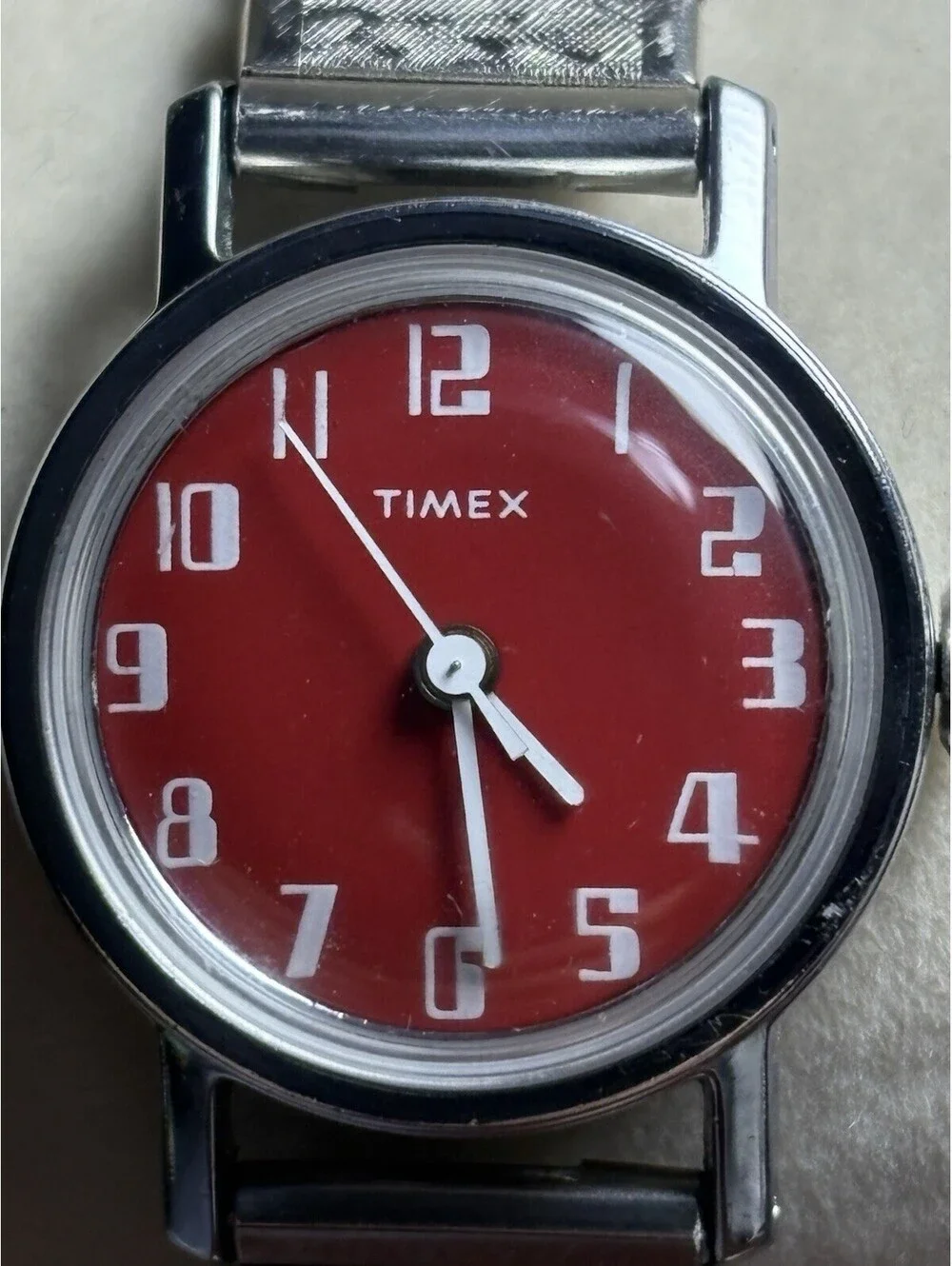 Timex Vintage Women's Mechanical Analog Watch Red Dial Silver Bracelet